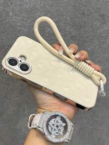 2pcs Luxury Fan Pattern PU Leather Electroplating Edge Phone Case Short Rope Compatible With IPhone 16 15 14 Pro Max 13 Business Fashion Shockproof Cover - Beige - View 2