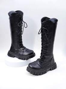 女童及膝靴，时尚系带厚底鞋，后拉链圆头，秋冬骑士靴新款 - 黑色 - 查看 4