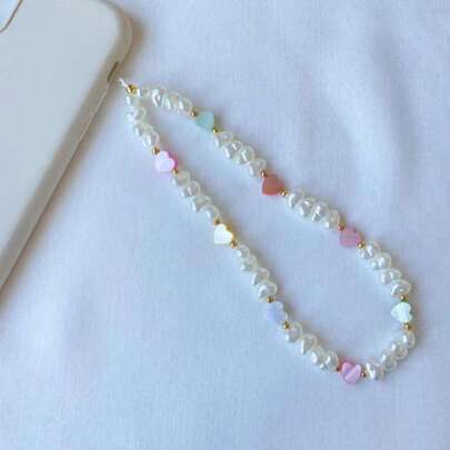1pc Faux Pearl Shell Heart Decor Accessory, Phone Lanyard, Camera Strap