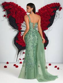 Elisanya Sequin Embroidered High Waist Long Chiffon Ribbon Backless Party Dress (Embroidery Placement Random) - Green - View 2