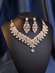 Bộ 4 món vương miện cô dâu thời trang, vòng cổ và bông tai bằng hợp kim kẽm đính đá lấp lánh - Bộ phụ kiện cưới thanh lịch cho cô dâu - Phụ kiện ngày Valentine - Vàng - Xem 17