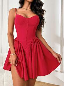 WOWDARK 女士秋季连衣裙，圣诞时尚红色纽扣设计吊带A字连衣裙