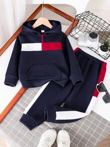 2pcs/Set Young Boy Patchwork Hoodie Sweatshirt And Pants, Warm - Royal Blue - View 1