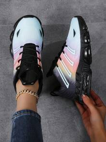 秋冬女士优质彩虹低帮系带运动鞋，经典舒适透气软底休闲网球跑步运动鞋，适合所有季节。时尚气垫减震百搭鞋 - 黑藍 - 查看 2