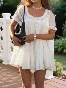 Baby Doll Mini Dress For Women Summer Solid Color Loose Bubble Short Sleeve Scoop Neck Dress - trắng - Xem 3