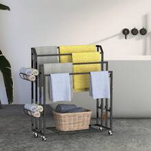 Free Standing Towel Rack For Bathroom, 4 Tier Floor Towel Holder Stand With Storage Shelves, Metal Blanket Rack Holder,Towel Drying And Display Rack Outdoor, Black - 黑色 - 查看 2