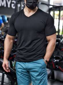 3pcs Men's Solid V-Neck T-Shirt Short Sleeve, Essential For Summer, Solid Color, Moisture-Wicking Polyester, Suitable For Outdoor Running And Workout, Machine Washable - Black - View 3