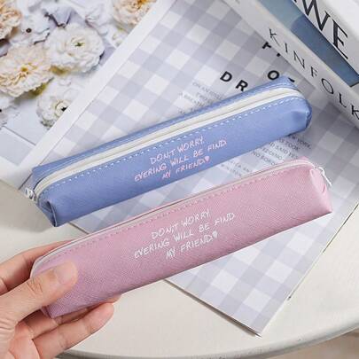 韩式双色铅笔盒，2 种颜色可选：“别担心”蓝色励志文字和粉色爱心设计，厚面料材质，大容量，顺滑拉链，适合学生、宿舍、办公室、通勤，馈赠佳品