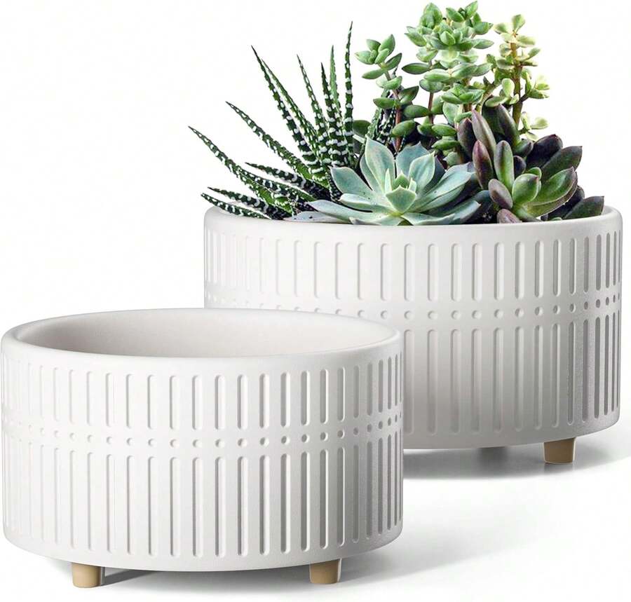 Succulent Pots, 6.5+8 Inch Ceramic Indoor Plant Pot With Drainage Hole, Shallow Round Succulent Planters, Set Of 2, Matte White,11037801