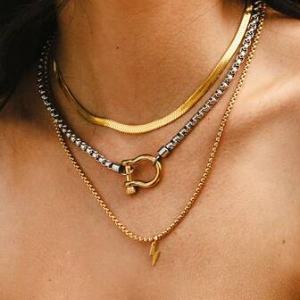 1pc Stainless Steel 18K Gold Plated Corn Chain Necklace With Carabiner Clasp, Minimalist Necklace For Men And Women