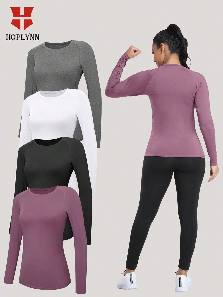 HOPLYNN 4 Packs Women's Compression Quick Drying Shirt Long Sleeve Performance Workout Baselayer Athletic Top Sports Gear - Multicolor - View 1