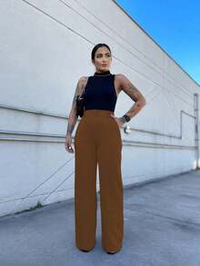 FASHION MO, REF: 4714 | Women's Wide-Leg Pants, High Waist, Functional Side Pockets, Romantic Fabric With Lycra Cotton Polyester Elastane, Stylish Bell Bottom, Monsca Zipper, Hip-Lifting Design, Super Comfortable Fit, Elegant And Versatile Social Piece For Everyday Wear - 巧克力棕 - 查看 3