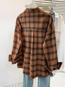 女式拉绒格子前扣口袋休闲衬衫