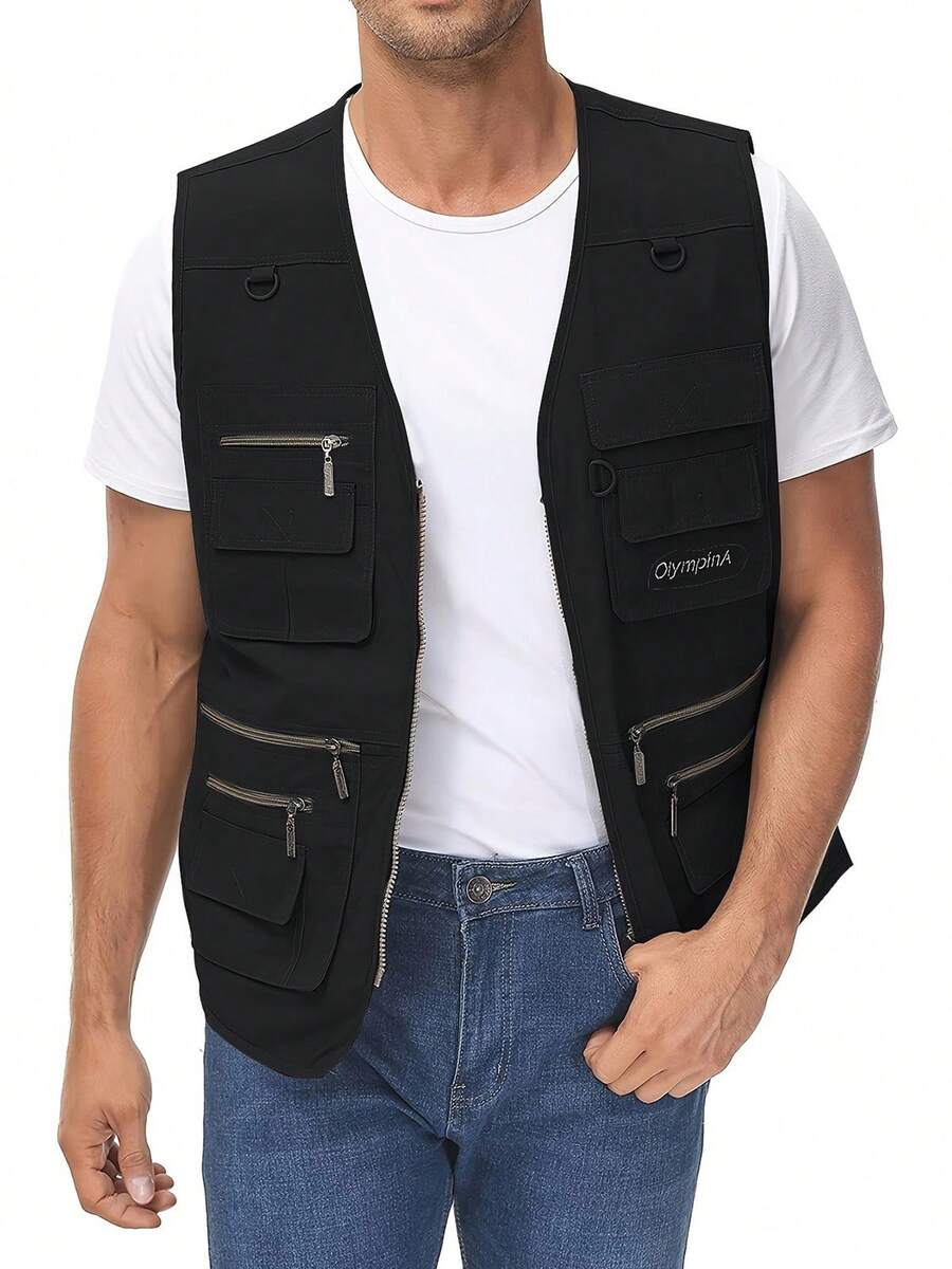 Men's Fishing Vest Utility Travel Vest With Pockets Outdoor Work Photo Cargo Fly Summer Vest - màu đen - Xem 1