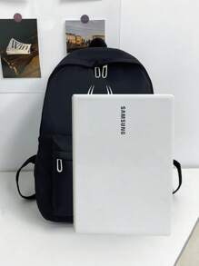 1 件男士纯色背包，时尚百搭大容量男女休闲通勤学生背包 - 黑色 - 查看 5