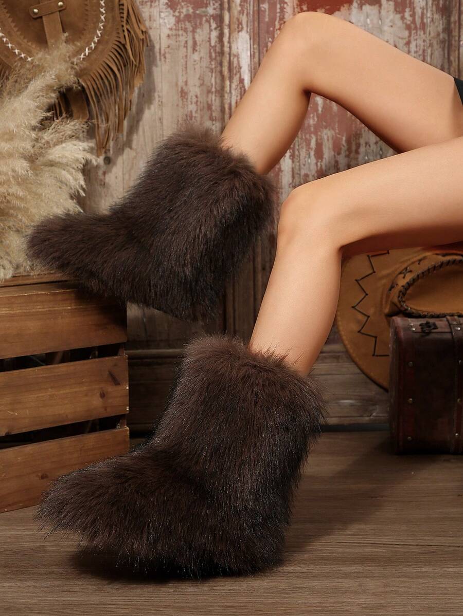 可爱小众原宿风格毛茸茸靴子，温暖高筒靴，女士中筒冬季雪地靴