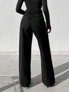 Women's High Waist Wide Leg Jeans, Solid Color Contrast, Casual - Black - View 3