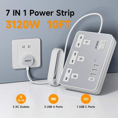 7-In-1 Power Socket Extension Cord, 4 USB Charging Ports Multi-Functional Socket, Wall-Mounted One-Key Switch Design, Overload Protection, 13A 3120W Power, Black And White Dual Color, Available In Lengths Of 1m/1.8m/3m, Suitable For Living Rooms, Kitchens, Offices And Travel.