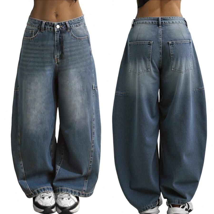 Women's Hip Hop Baggy Jeans Wide Leg Mid-Low Waist Jeans Loose Boyfriends Jeans 90s Vintage Denim Pants - 藍色 - 查看 1