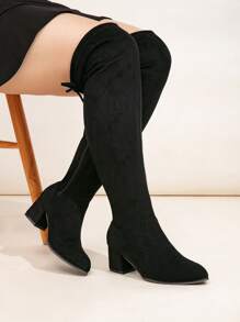 女士宽大过膝靴，松紧带拉链开合，粗跟，黑色女士高跟鞋，防滑宽跟高跟鞋，宽小腿靴 - 黑色 - 查看 7