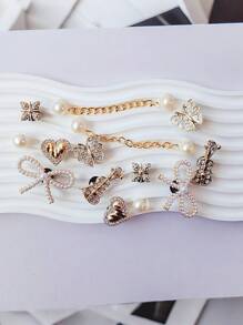 14pcs Crocodile Shoes Decor Set (Gold Bow, Gold Heart, Rhinestone Butterfly, Mini Violin, Gold ABS Pearl Chain) - Easy To Install Removable DIY Accessories For Customizing Mary Janes, Garden Shoes, Clogs, Sandals And Beach Bags. Perfect Gift For Festivals, Parties And Special Occasions