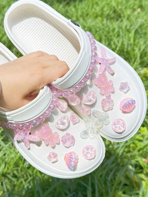22 piezas de accesorios de decoración en forma de estrella de mar rosa, concha, oso y corazón, adecuados para , calzado de playa, y manualidades DIY para decorar calzado