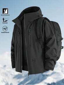 1 Peça Jaqueta Corta-Vento com Capuz e Vários Bolsos para Uso Externo Masculino, Jaqueta Impermeável e à Prova de Vento para Caminhada, Agasalho para Outono/Inverno