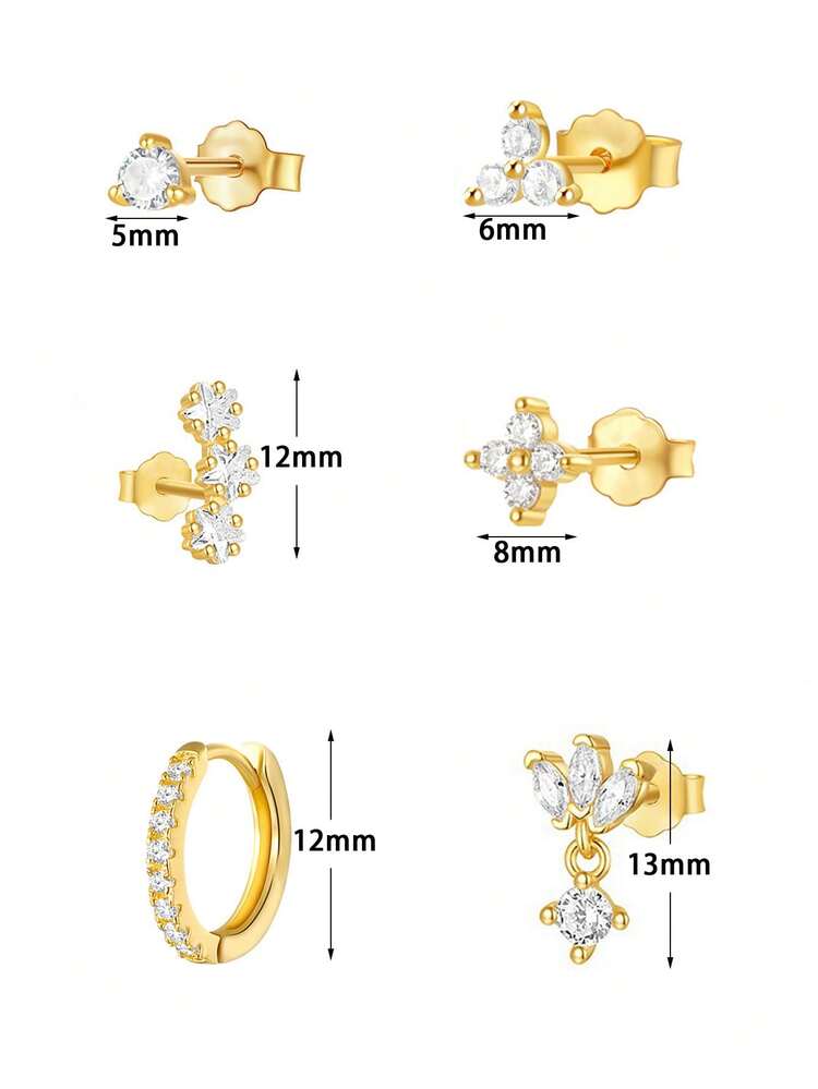 6pcs Set Elegant 24K Gold Plated Cubic Zirconia Earrings, Women's Zirconia Stud Earrings Set - 6pcs/set - View 7