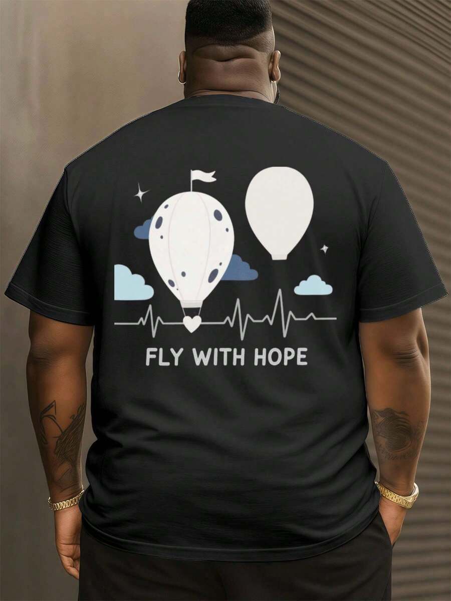 Maglietta oversize con palloncino, nuvole, battito cardiaco e scritta "Fly With Hope", da uomo, stampata fronte-retro, stile casual, girocollo, puro cotone 220 g/m² (1 pezzo)