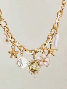 1pc European & American Luxury Flower, Heart, Starfish, Evil Eye Pendant Handmade Necklace, Versatile For Daily Wear, Vacation, Gift - Multicolor - View 4