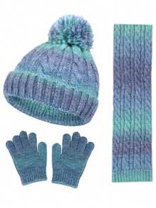 Set de 4 piezas de gorro de punto, guantes y bufanda de invierno con pompones para niños, gorro de bebé de color degradado de polar grueso con una sola bola, conjunto de bufanda con capucha de punto para niñas/niños - Multicolor - Ver 8