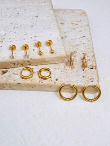 5对镶嵌锆石的经典耳环，可叠戴，女士款；14K镀金极简耳环，小圆球扁平耳钉，适合耳垂、耳骨、耳廓佩戴，男女皆宜 - Gold-1# - 查看 2