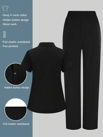 cimmuovere Women's V-Neck Short Sleeve Tie-Front Ruffle & Loose Elastic Waist Pants Scrubs Nurse Scrubs Workwear Dentist Healthcare Pet Hospital Laboratory Uniform Set Spring Black