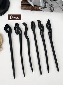 6pcs Women's Black Elegant Minimalist Wooden Hair Clips, Suitable For Daily Use, Recommended As Gift Hair Accessories, Bun Extension, Hair Bun Maker, Bun Hair Piece, Hair Styling Pins, Pins For Hair, Bobby Pins, Hairpin - 黑色 - 查看 3