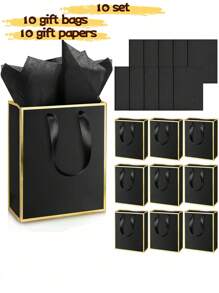 10pcs/4pcs/1pc-Metallic Paper Gift Bags With Handles And Tissue - Thank You Favorite Bags - Fall Party Christmas Diwali Bride (White, Black)