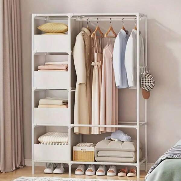 1pc Modern Multi-Layer Metal Coat Rack, Freestanding Wardrobe With Hanging Rods And Shelves, Under 3.2 Cubic Feet Storage Capacity, Over 27 Inches Height, Thickened Steel Pipe Design For Home Bedroom Closet Organizer, Clothing Storage Solution | Minimalist Design | Open Storage Concept, Clothes Organizer Storage, Portable Closets
