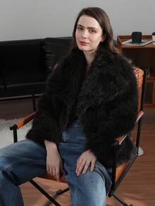 HH Faux Fur Jacket For Women Elegant Solid Lapel Long Sleeve Coat Casual Loose Female Winter Oversize Lady Chic Streetwear Jakcets - Màu xám đen - Xem 6