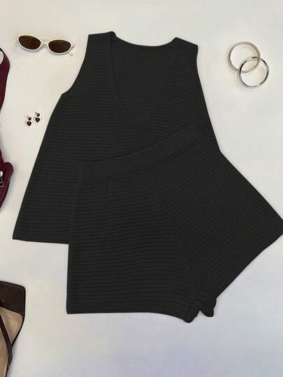 Women's Knit Sexy Top And Shorts Set, Suitable For Daily Wear, Vacation, And Sexy Style Black