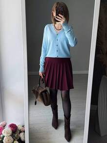 GIGOGOU Casual Solid Color Pleated Knitted Skirt, For Autumn/Winter - Burgundy - View 4