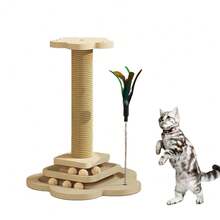 Sisal Cat Scratching Post - 4 In 1 Wooden Cat Scratcher Toy Scratch Post, Scratcher Post With Cat Turntable For Indoor Cats - Beige - View 1