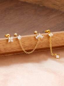 3PCS Stainless Steel Crown Chain Tassel Zirconia Hoop Earrings Flower Ear Stud Set For Women 18K Gold Plated Unique Earrings Cartilage Piercing Jewelry - Four Leaf Clover - View 2