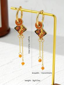 1 Pair New Chinese Style Geometric Circle & Square Long Tassel Earrings, Versatile Luxury Party Gift Earrings For Women - Orange - View 6