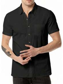 Mens Short Sleeve Cuban Camp Guayabera Shirt Linen Cotton Hippie Beach Button Down Shirts Plus Size - 黑色 - 查看 2