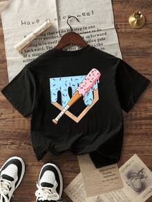 青少年男童学生休闲印花圆领短袖T恤，夏季上衣 - 黑色 - 查看 3