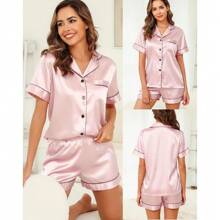 Womens Silk Pajamas, Short Sleeve Satin 2 Piece Pj Sets Button-Down Sleepwear Loungewear Pjs Shorts Set S-XXL - A-light Pink - 查看 3