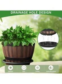 老式威士忌酒桶花盆带托盘套装 - 2个（一个底座+一个花盆），条纹塑料花盆带排水孔，适用于客厅、卧室、户外、花园、阳台、公寓、办公室和乡村旅馆。花盆、花篮，适合种植香草和多肉植物 - 圆形花园花盆，物美价廉，加厚耐用，防水