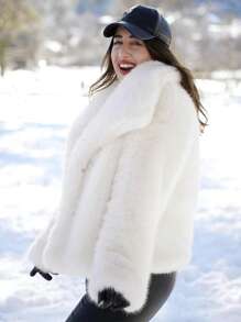 TRAFZA 女士仿皮草优雅外套，休闲奢华纯色大衣，保暖宽松女士时尚街头风长袖外套 - 白色 - 查看 5