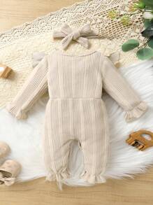 Conjunto de 2 peças de macacão para bebês meninas, macio, respirável, cor lisa, com babados e laço, fofo e charmoso