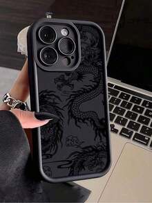 1pc Black Line Dragon Pattern Shockproof TPU Phone Case, Compatible With Apple 16, 15, 14, 13, 12, 11 Pro Max, And Series - 黑色 - 查看 4
