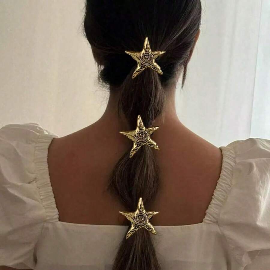 3pcs/Set Gold Starfish Elastic Metal Hair Ties, Women Long Hair Ponytail Holders, Hair Accessories, Hair Ties, Hair Bands, Scrunchies ,Hair Elastics ,Hair Rubber Bands ,Hair Rope - Gold - View 1